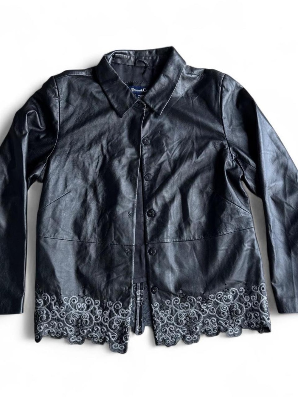 90s Women's Black Genuine Leather Button-Up Jacket with Embroidered Hem